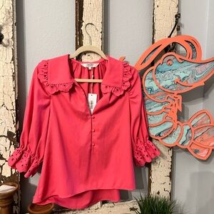 Crosby Pink Ruffled 3/4 Sleeve Blouse with Peter Pan Collar